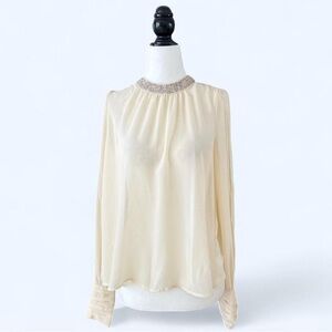 Lush Women’s Sheer White Cream Blouse Boho Timeless Sheer Bridal Collar Small